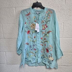 Johnny Was Geniveve Voyager Banded Split V-Neck Long Sleeve Embroidered Tunic